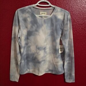 Open Edit Womens Blue White Tie Dye Mesh Long Sleeve Crewneck Top Size M NEW